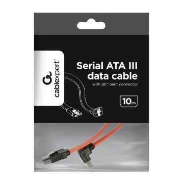 Serial ATA III 10cm data cable with 90 degree bent connector, metal clips