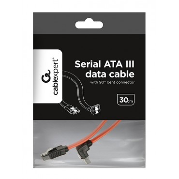 Serial ATA III 30cm data cable with 90 degree bent connector, metal clips