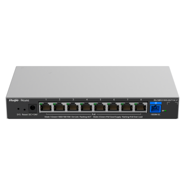 Reyee E-Lighten Switch PoE Cloud Layer 2 - 8 Gigabit RJ45 ports 802.3af/at - 1 Optical Port SC 1G (PON) - 30W per port 802.3af/at / Maximum 120W - VLAN/Port Isolation/Loop Prevention - DHCP Snooping/Port Mirroring