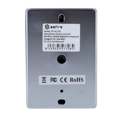 Standalone access control - EM card and PIN access - Relay, pushbutton and buzzer outputs - Wiegand 26 - Time control - Valid for interior