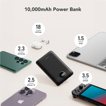 VEGER Power bank with LCD display - Capacity 10000mAh - Inputs Lightning, USB-C, USB-C Cable - USB-A and USB-C outputs and integrated cables - Integrated cables: USB-C and Lightning - Fast charging | 3 devices at a time