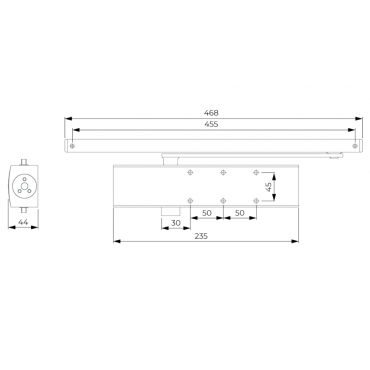 Sliding arm door closer - Surface and reversible installation - Opening with reduced force - Doors between 25~100 kg and 850~1250 mm - Two adjustable closing speeds - For all types of doors