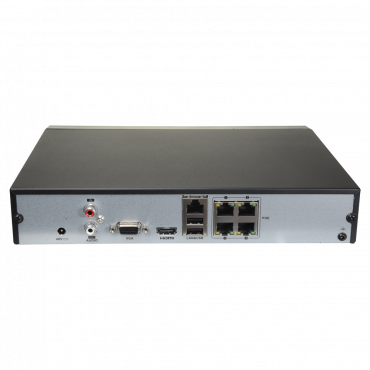 NVR voor IP-camera's - 4Ch-video / 4 PoE-poort(en) - Max. resolutie 8,0 Mpx / Compressie H.265+ - Bandbreedte 40 Mbps - Uitgangen 4K HDMI & VGA - Ondersteunt 1 harde schijf