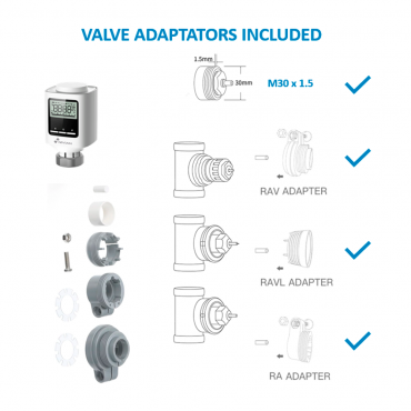 Intelligent radiator valve - Radio link with NVS-THERMOSTAT - Temperature control per room - Universal valve adapters - Compatible with TUYA Smart - Compatible with Alexa and Google Assistant