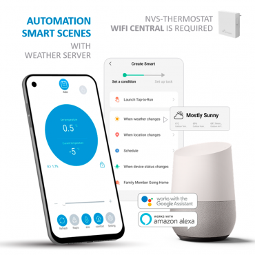 Intelligent radiator valve - Radio link with NVS-THERMOSTAT - Temperature control per room - Universal valve adapters - Compatible with TUYA Smart - Compatible with Alexa and Google Assistant