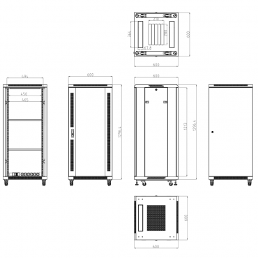 Rack floor cabinet - Up to 27U rack of 19"(600*600) - Up to 800 kg load - With ventilation and cable passage - 2 fans, 2 trays and PDUs 6 sockets - Supplied assembled