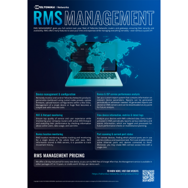 Pack of 150 Gb RMS Connect and RMS VPN traffic - Remote Configuration and Monitoring of Teltonika Router - Telnet / SFTP / SSH / HTTP / HTTPS management - 1 License allows management of 150 Gb for 10 years - License valid for 10 years