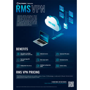 Pack of 150 Gb RMS Connect and RMS VPN traffic - Remote Configuration and Monitoring of Teltonika Router - Telnet / SFTP / SSH / HTTP / HTTPS management - 1 License allows management of 150 Gb for 10 years - License valid for 10 years