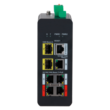 X-Security PoE Switch DIN Rail - 4 PoE ports RJ45 + 1 port RJ45 + 2 SFP - Speed 10/100/1000Mbps - 90W ports 1-2 / 30W ports 3-4 / Maximum 120W - PoE/PoE+/Hi-PoE / Up to 250m / PoE Watchdog - VLAN/STP/RSTP/ERPS/LACP/StaticLAG/IGMP 