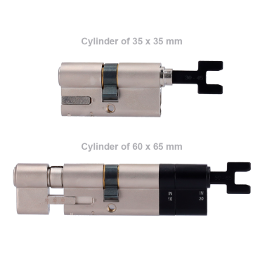 Adjustable double clutch cylinder - Anti-bumping, lock picking and drilling - Suitable for YALE-LINUS-L2 - 6 pin saw system - Dimensions from 35 x 35 mm to 60 x 65 mm - Include 2 physical keys